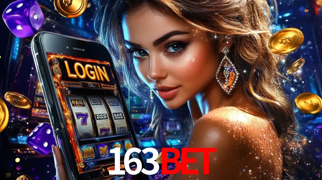 Mulher glamorosa segurando um smartphone com a tela de login para os jogos de caça-níqueis do cassino online 163bet, com moedas de ouro e dados ao redor.