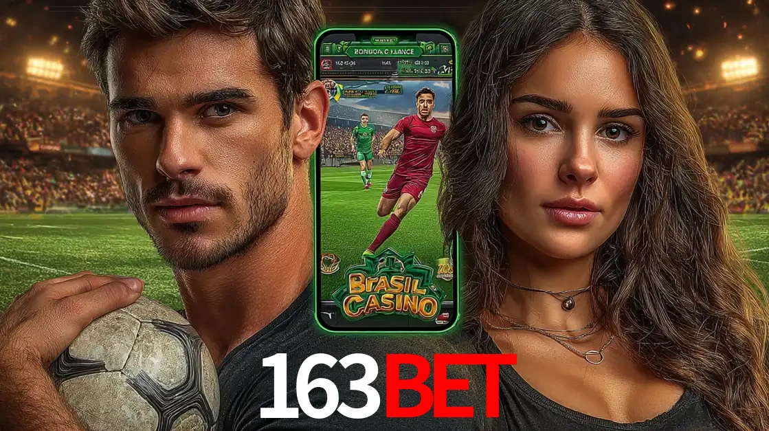 Homem segurando uma bola de futebol e uma mulher ao lado de um smartphone exibindo o jogo de apostas esportivas da 163bet. Faça seu palpite no cassino online.